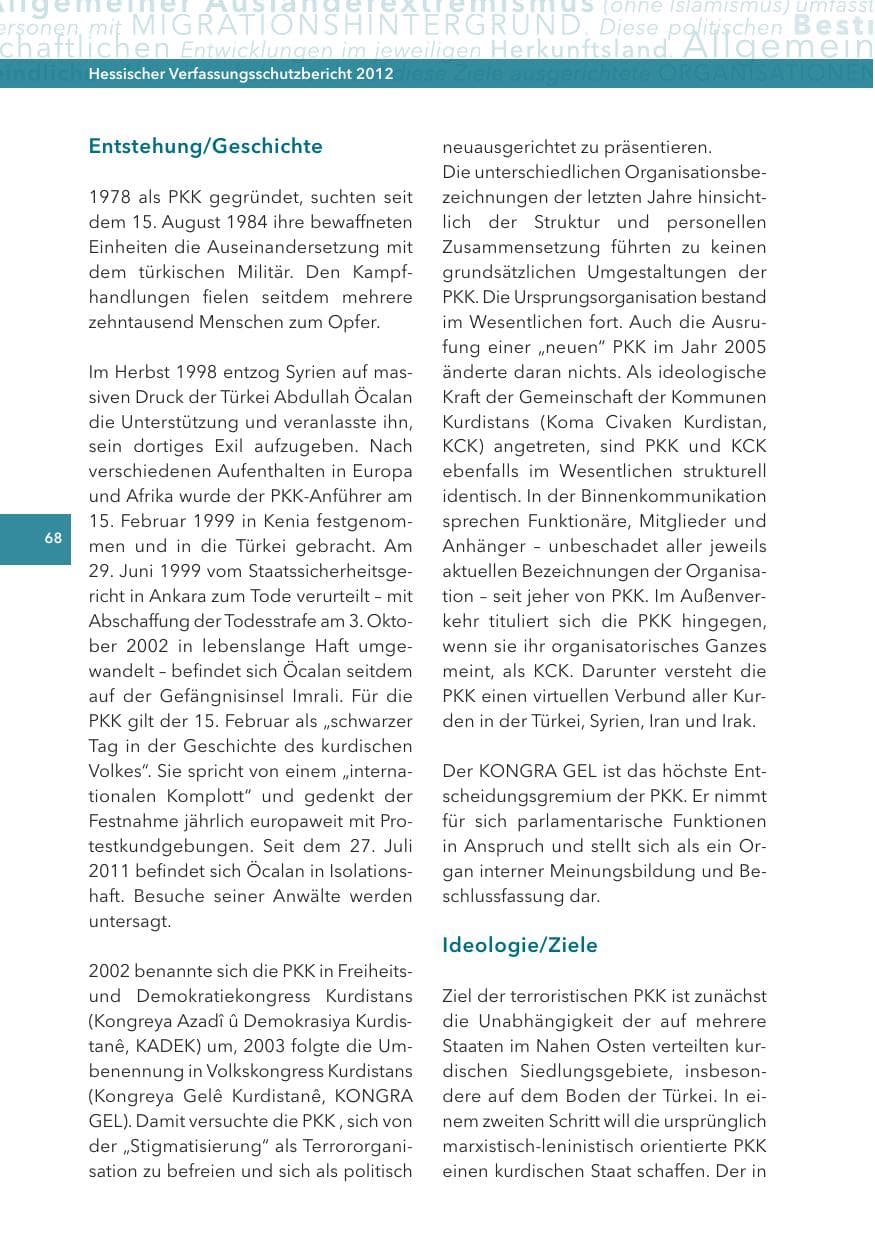 Seite 68 des Verfassungsschutzbericht 2012 Hessen