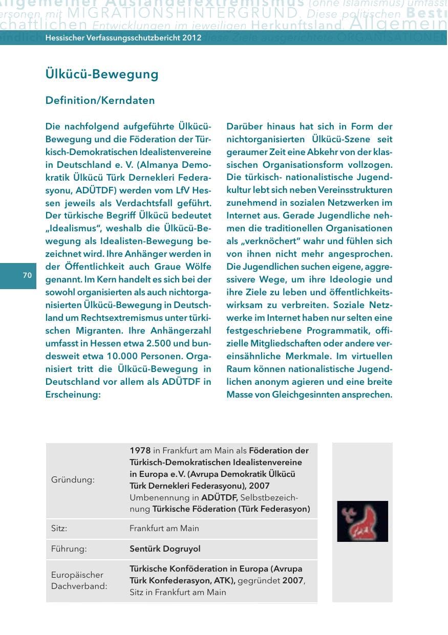 Seite 70 des Verfassungsschutzbericht 2012 Hessen