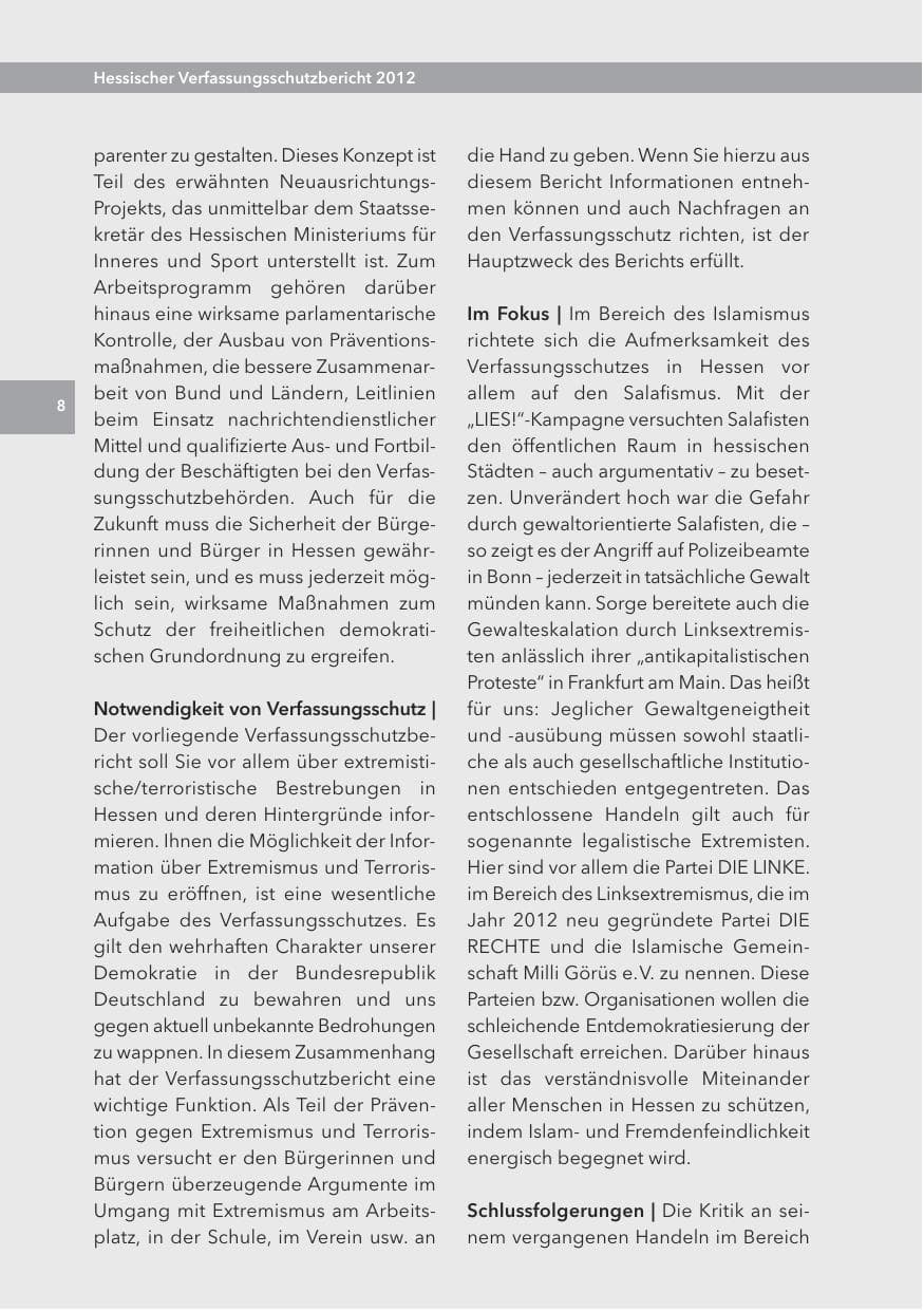 Seite 8 des Verfassungsschutzbericht 2012 Hessen