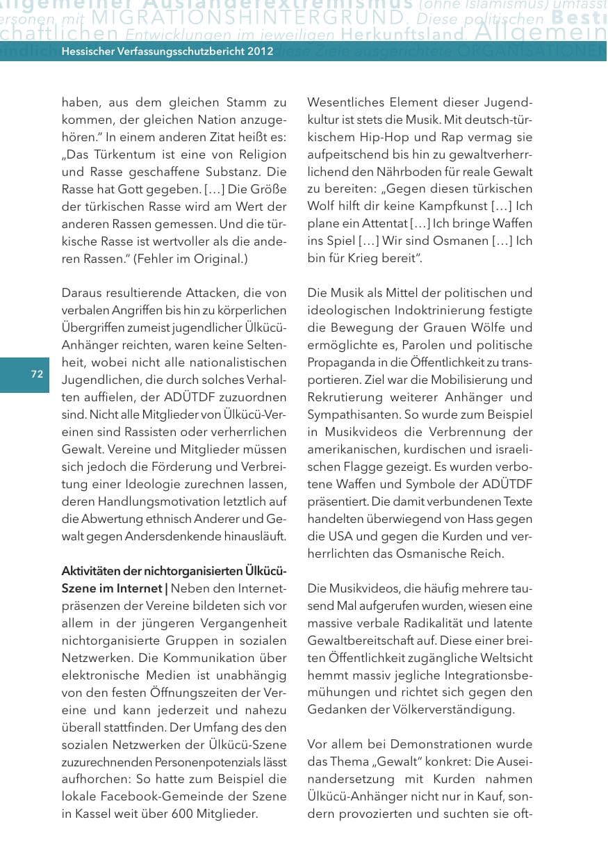 Seite 72 des Verfassungsschutzbericht 2012 Hessen