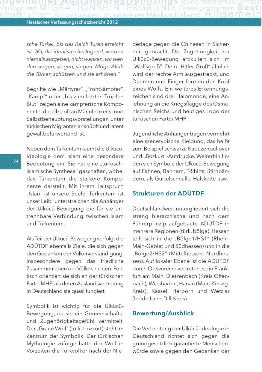 Seite 74 des Verfassungsschutzbericht 2012 Hessen