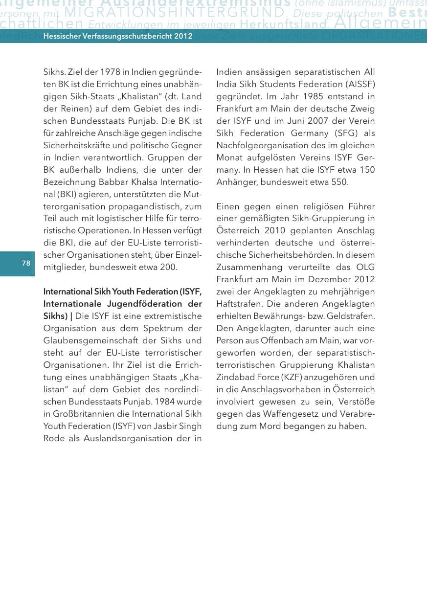 Seite 78 des Verfassungsschutzbericht 2012 Hessen