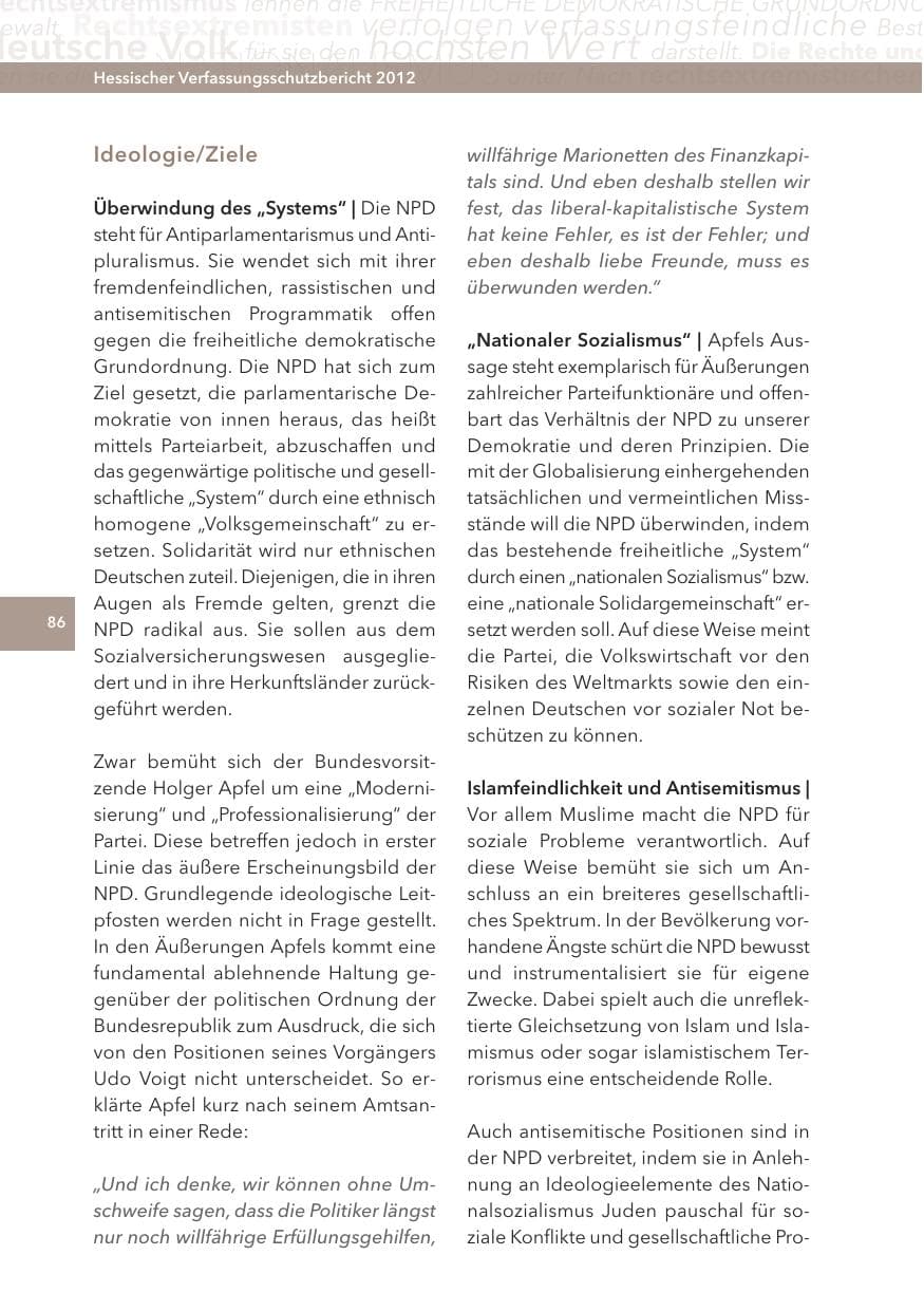 Seite 86 des Verfassungsschutzbericht 2012 Hessen