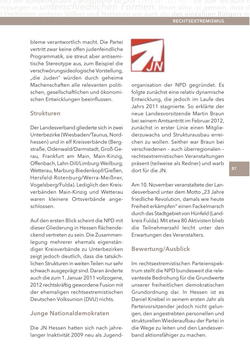 Seite 87 des Verfassungsschutzbericht 2012 Hessen