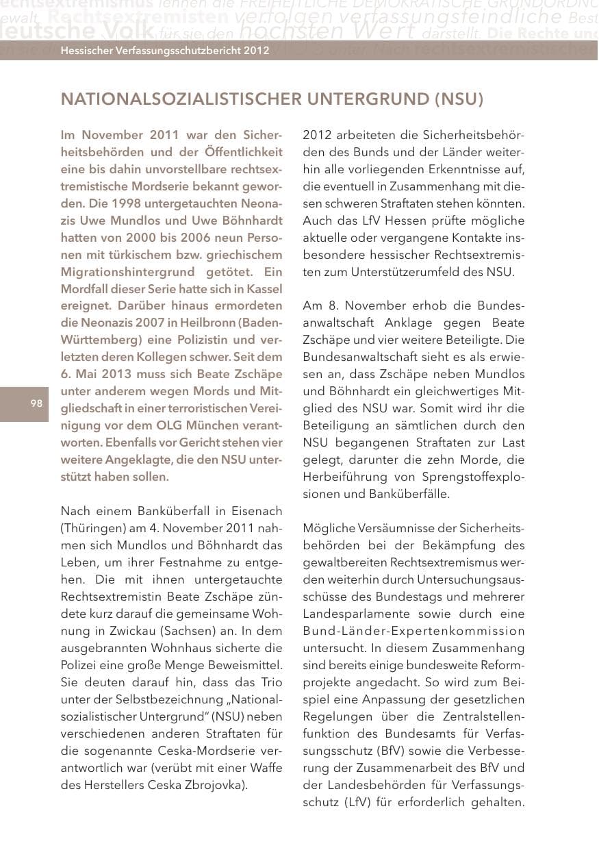 Seite 98 des Verfassungsschutzbericht 2012 Hessen