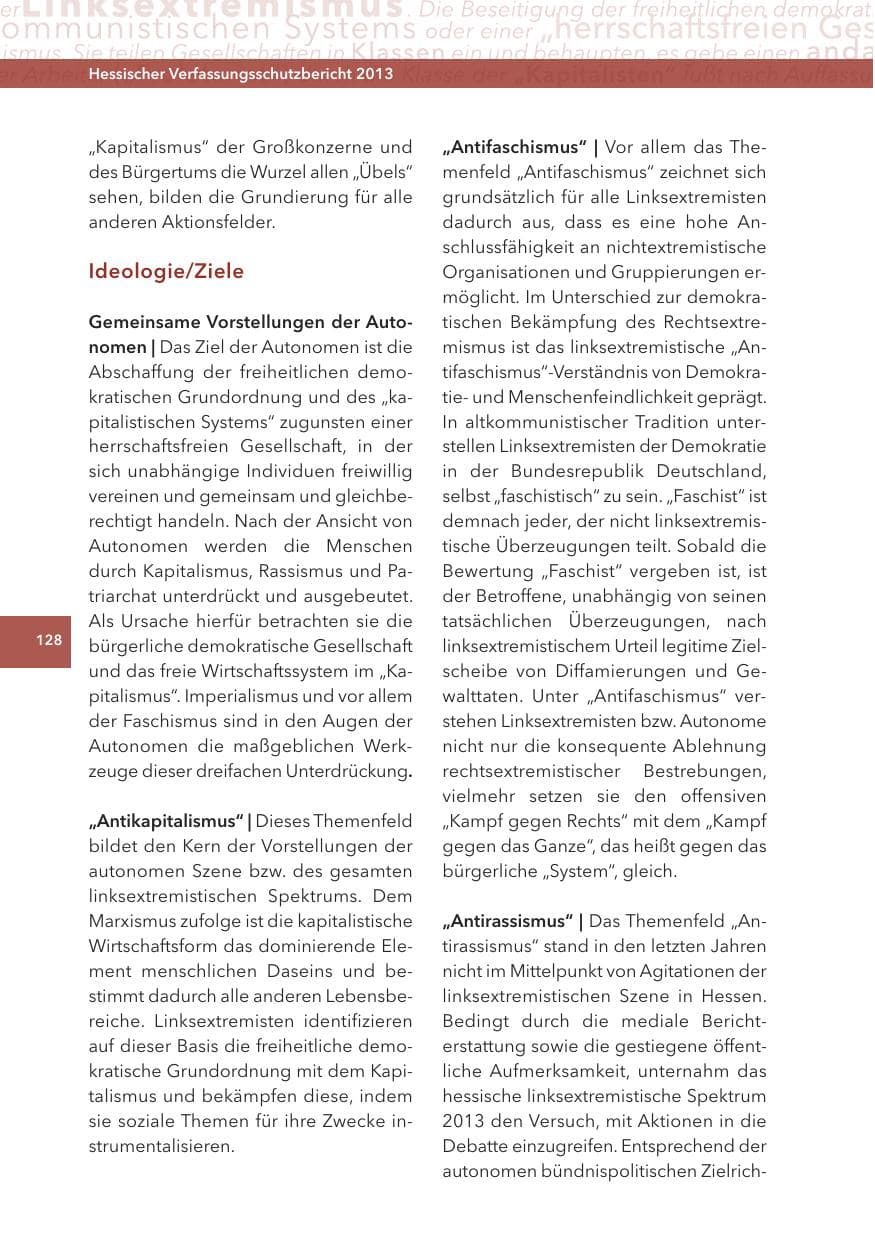 Seite 128 des Verfassungsschutzbericht 2013 Hessen
