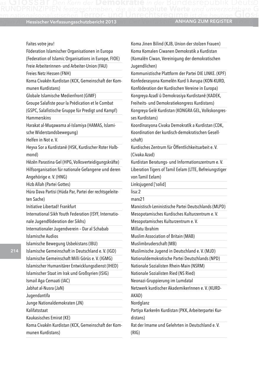Seite 214 des Verfassungsschutzbericht 2013 Hessen