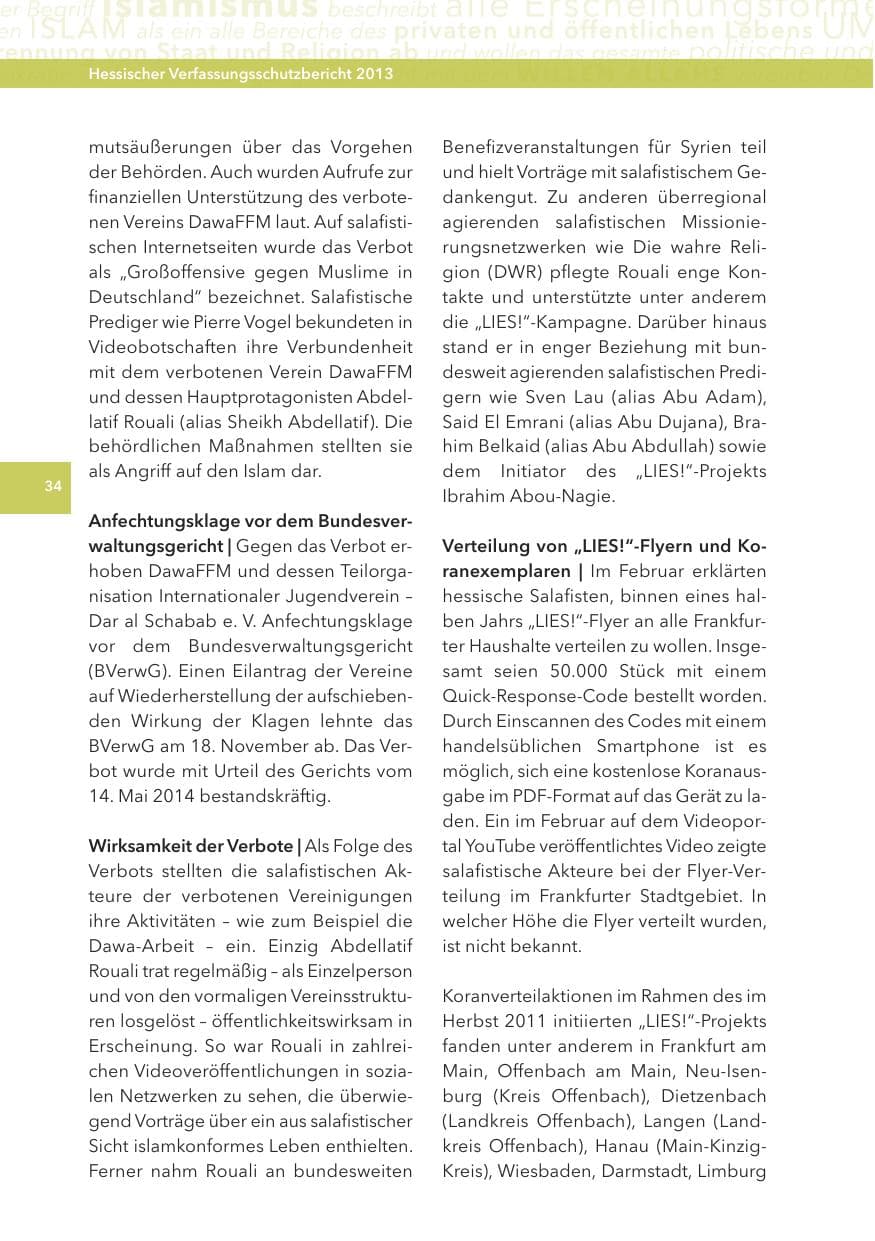 Seite 34 des Verfassungsschutzbericht 2013 Hessen
