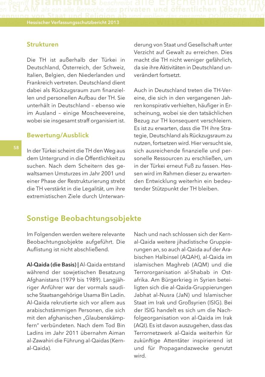Seite 58 des Verfassungsschutzbericht 2013 Hessen