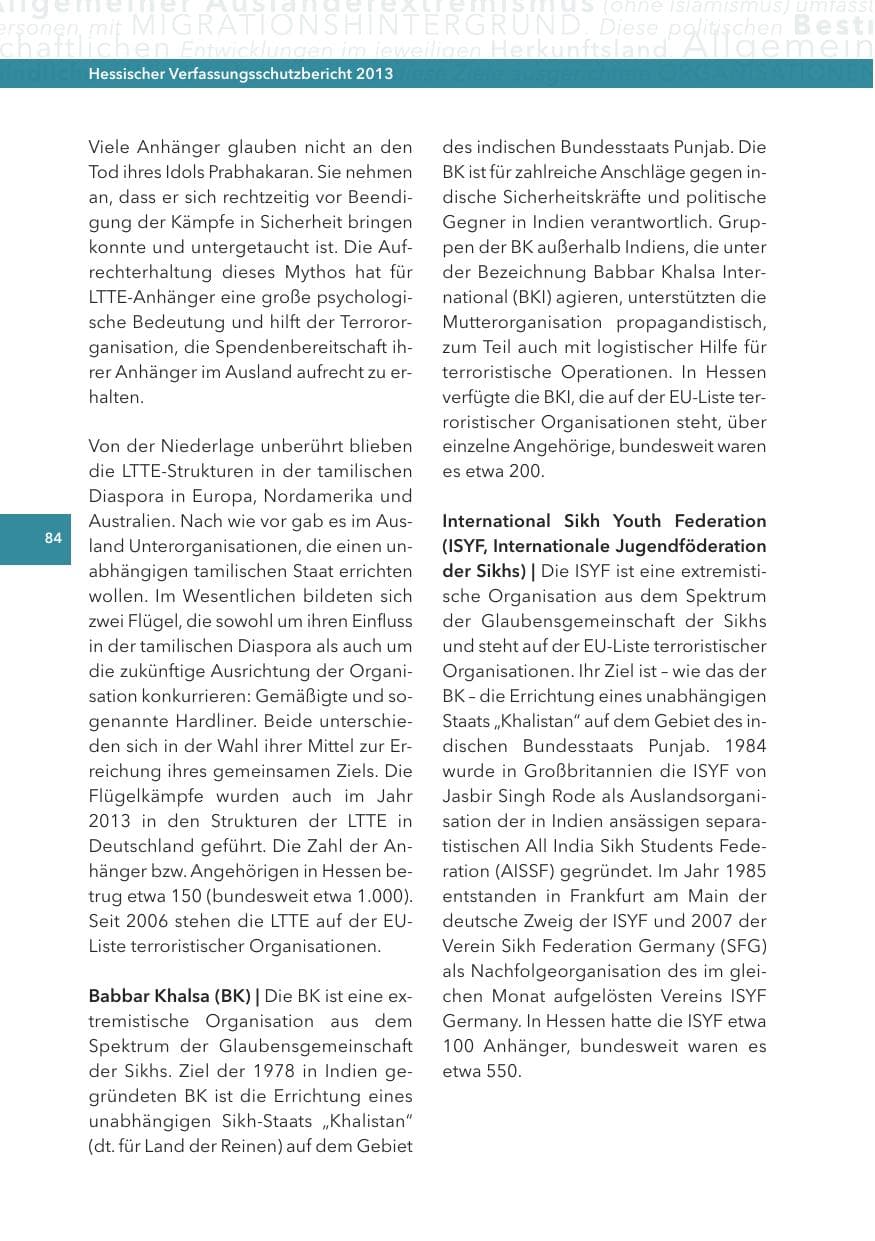 Seite 84 des Verfassungsschutzbericht 2013 Hessen