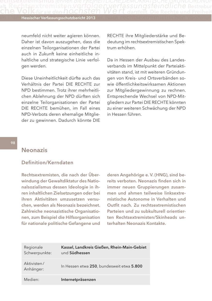 Seite 98 des Verfassungsschutzbericht 2013 Hessen