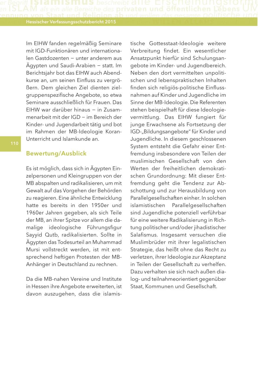 Seite 110 des Verfassungsschutzbericht 2015 Hessen