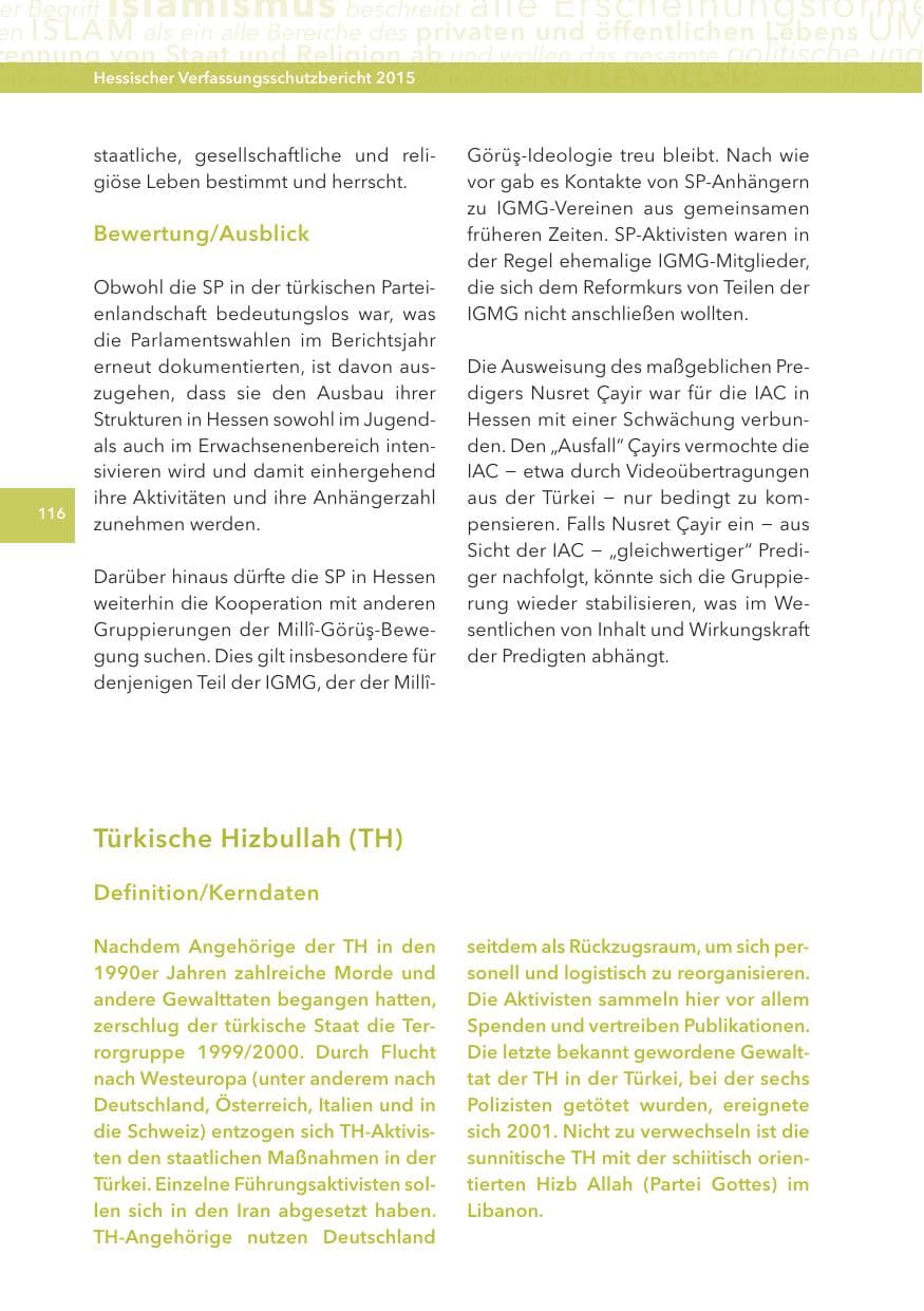 Seite 116 des Verfassungsschutzbericht 2015 Hessen