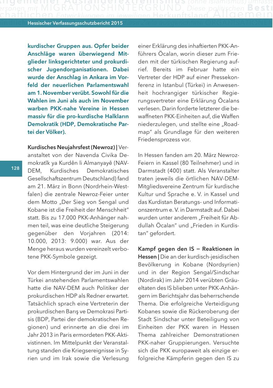 Seite 128 des Verfassungsschutzbericht 2015 Hessen
