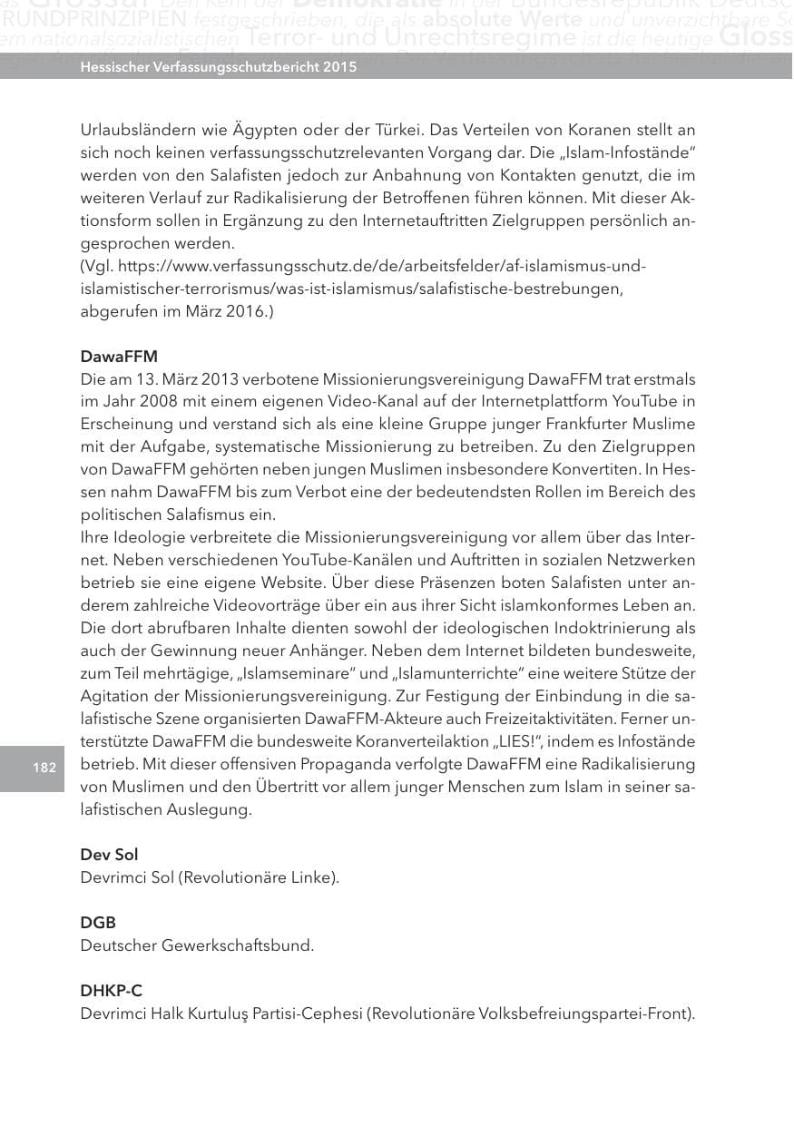 Seite 182 des Verfassungsschutzbericht 2015 Hessen