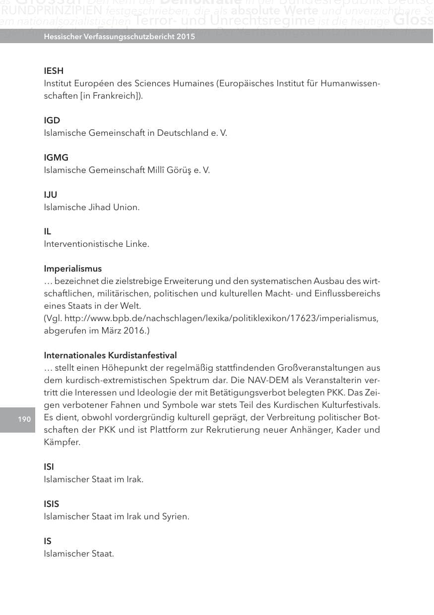 Seite 190 des Verfassungsschutzbericht 2015 Hessen