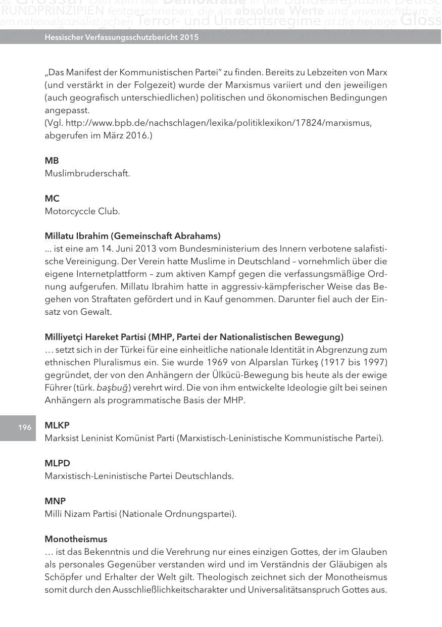 Seite 196 des Verfassungsschutzbericht 2015 Hessen