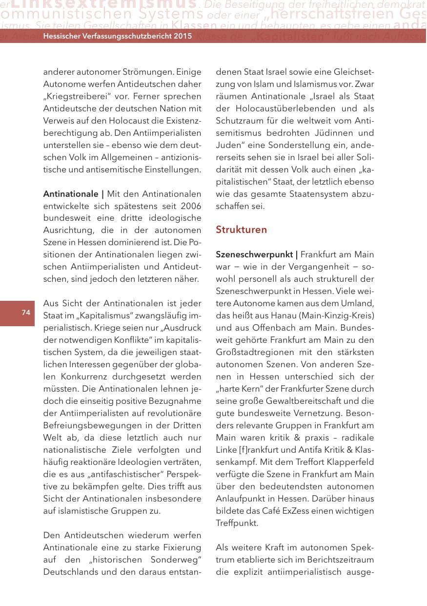 Seite 74 des Verfassungsschutzbericht 2015 Hessen