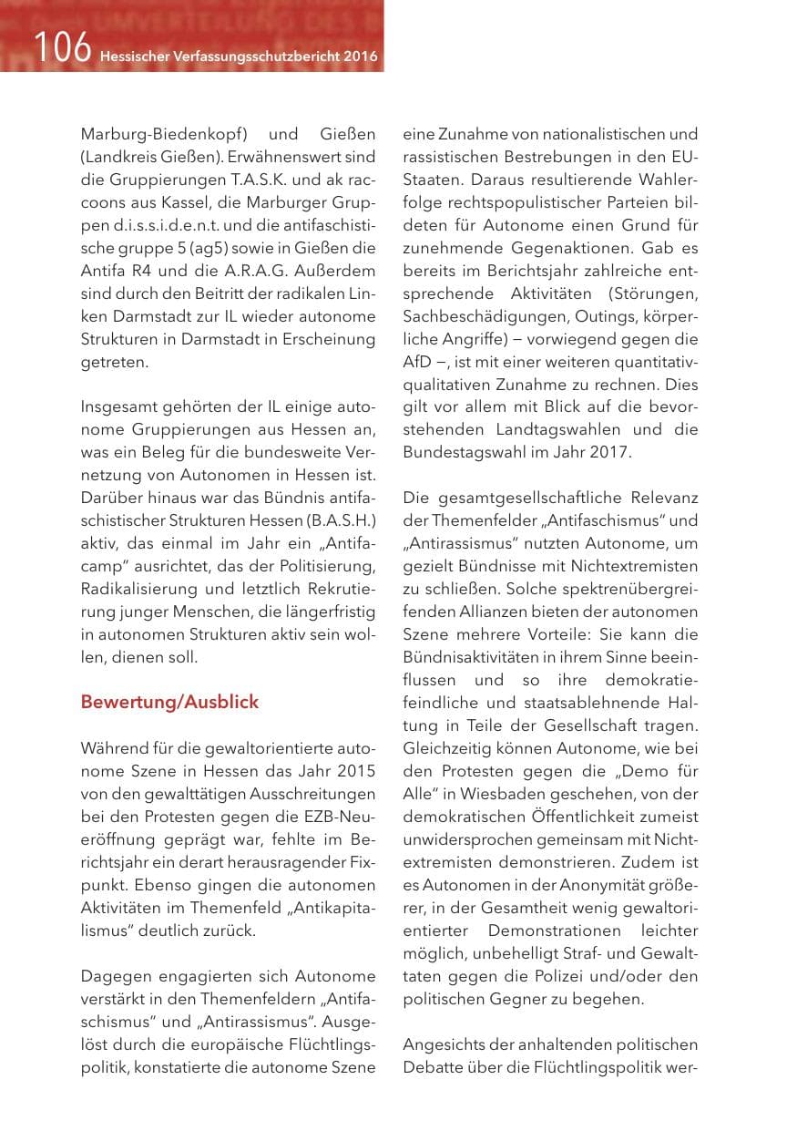 Seite 106 des Verfassungsschutzbericht 2016 Hessen
