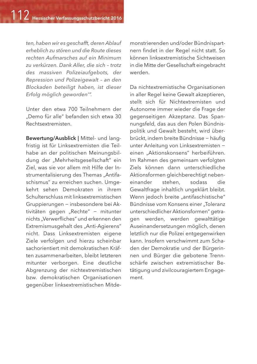 Seite 112 des Verfassungsschutzbericht 2016 Hessen