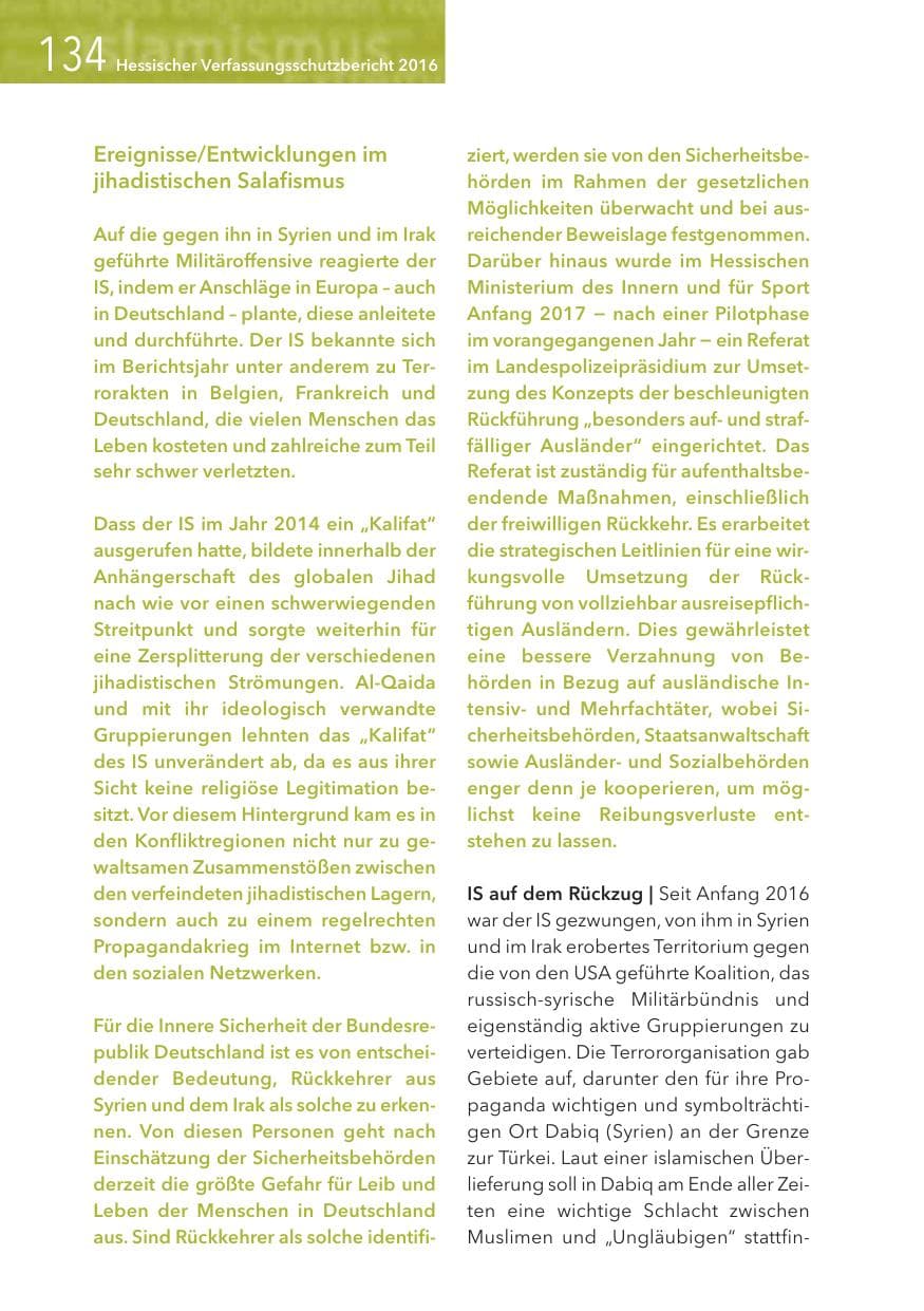 Seite 134 des Verfassungsschutzbericht 2016 Hessen
