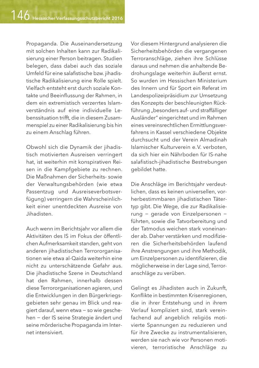Seite 146 des Verfassungsschutzbericht 2016 Hessen