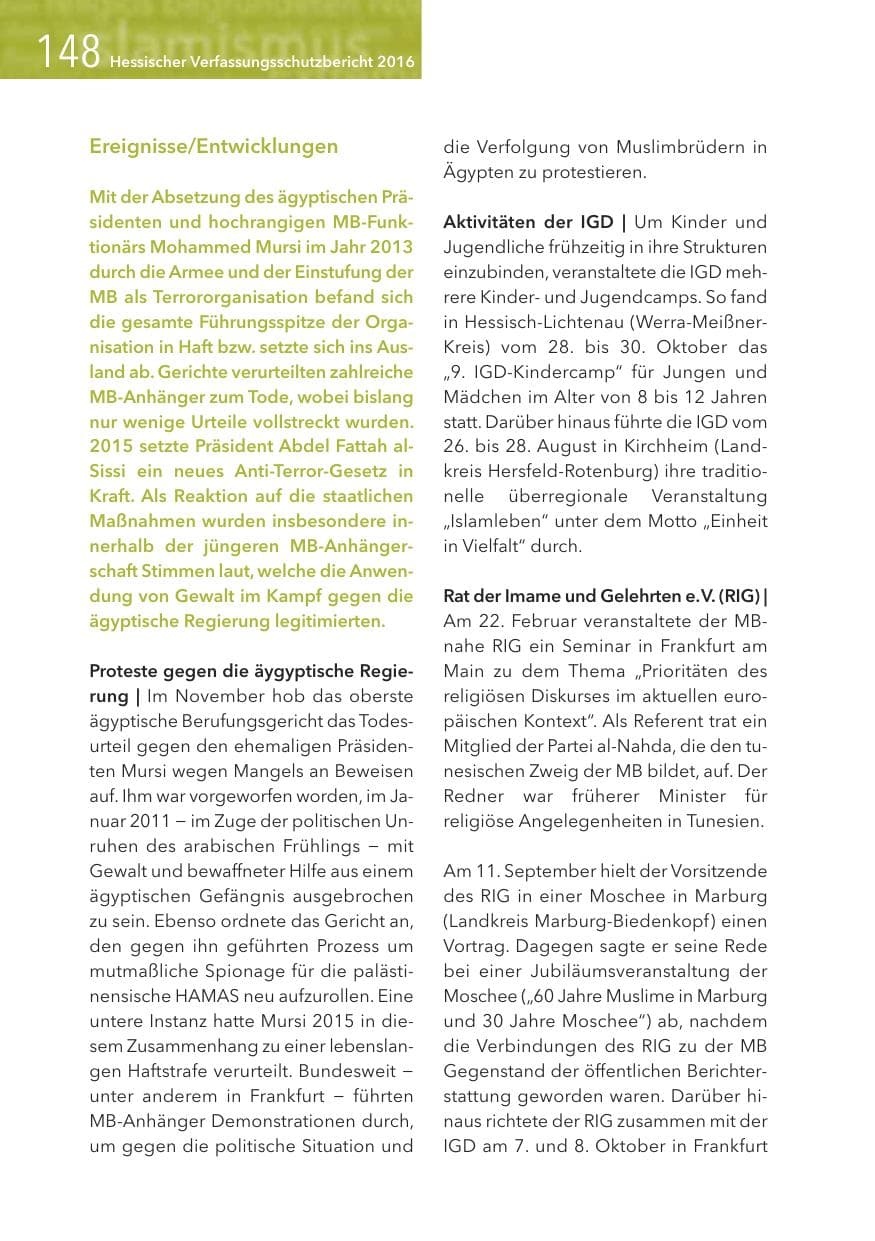 Seite 148 des Verfassungsschutzbericht 2016 Hessen