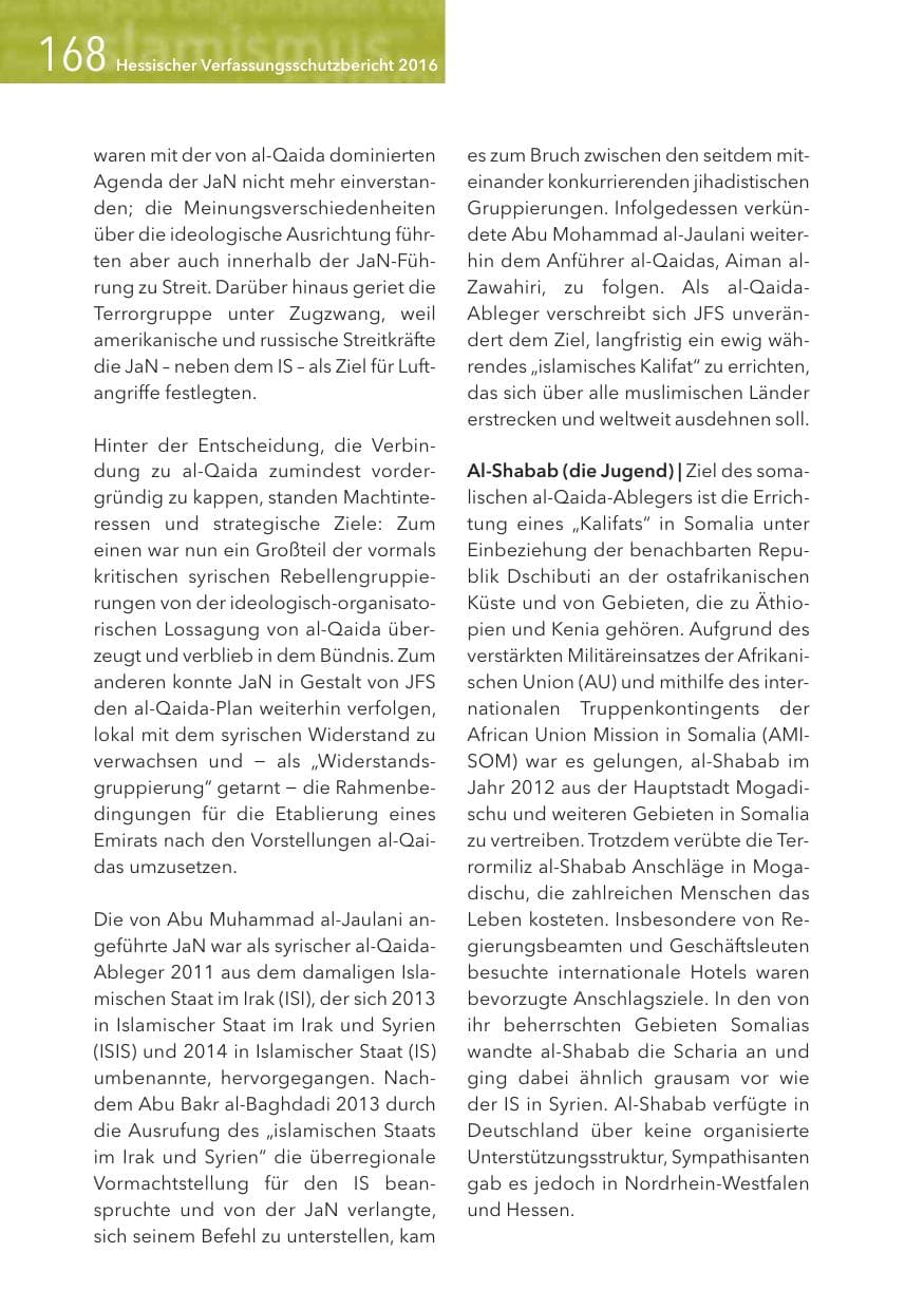 Seite 168 des Verfassungsschutzbericht 2016 Hessen