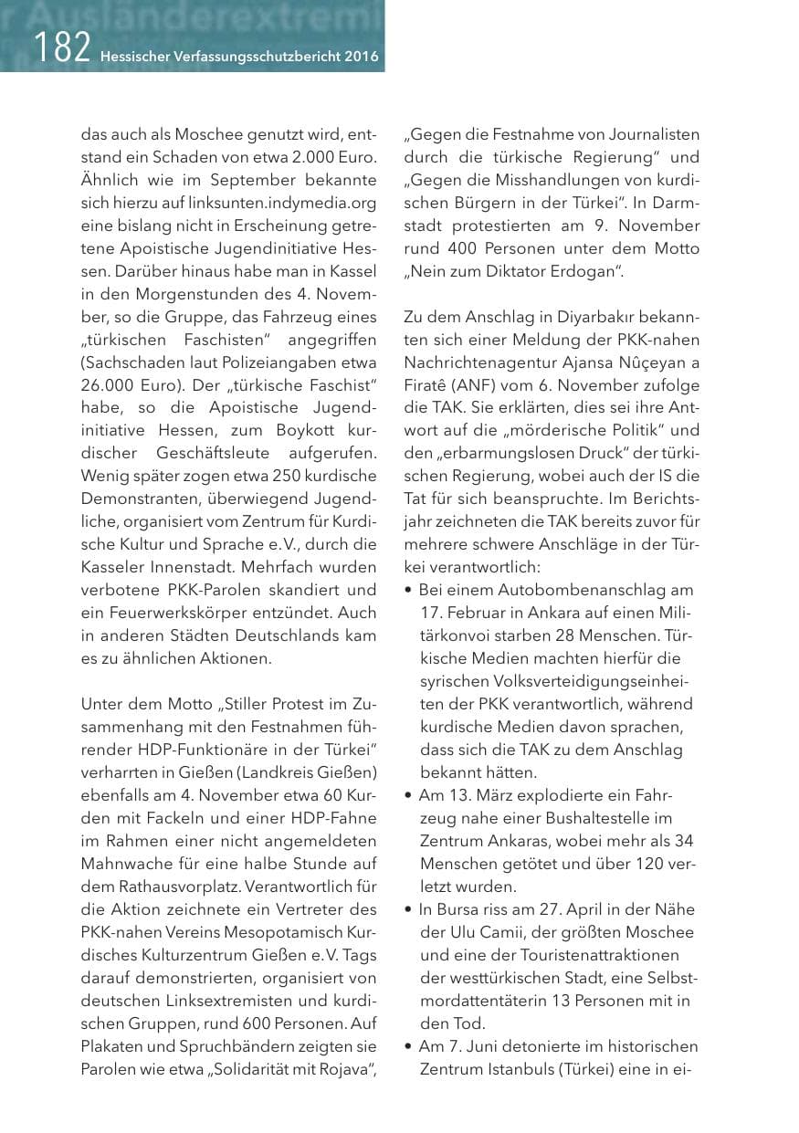 Seite 182 des Verfassungsschutzbericht 2016 Hessen
