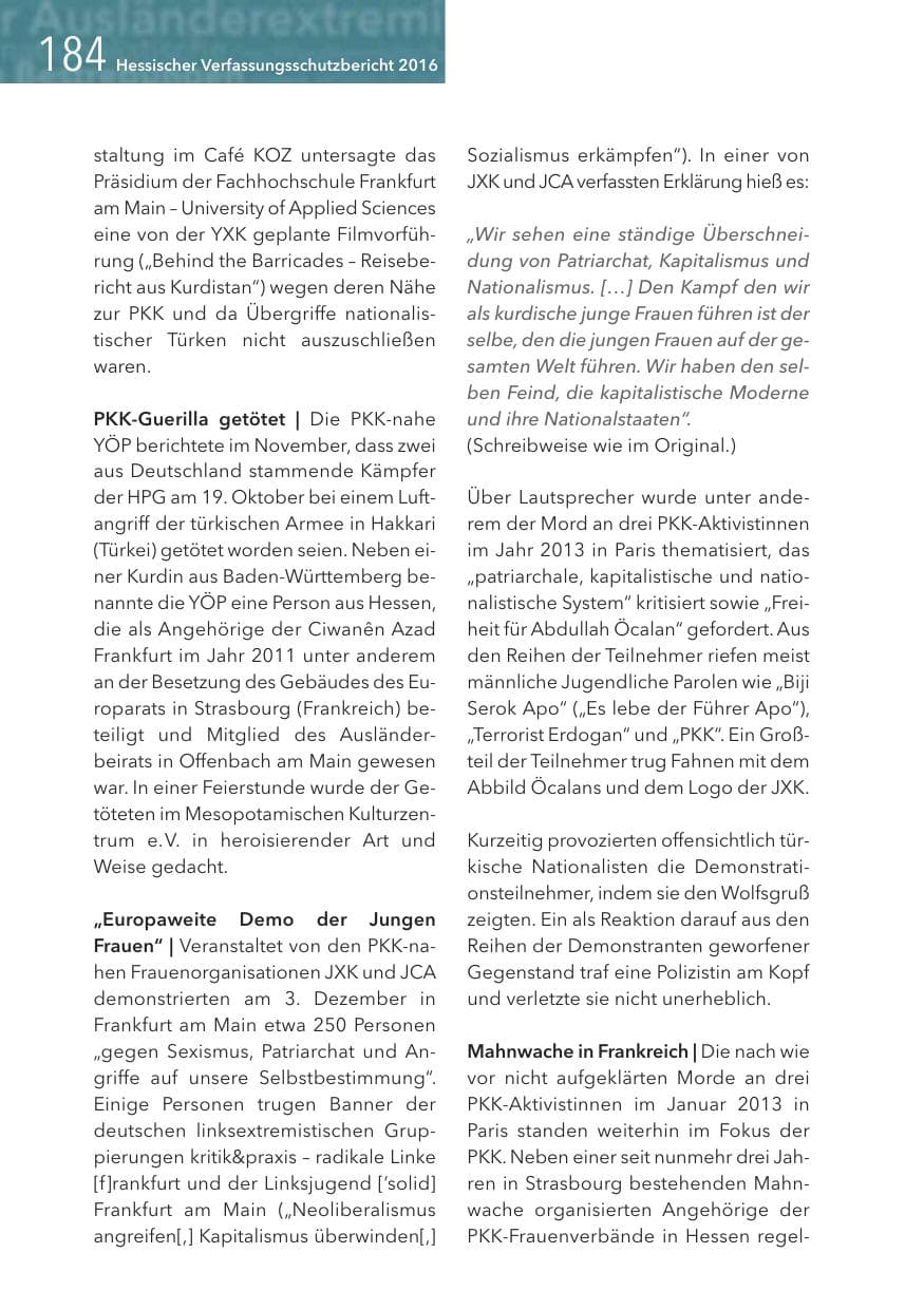 Seite 184 des Verfassungsschutzbericht 2016 Hessen