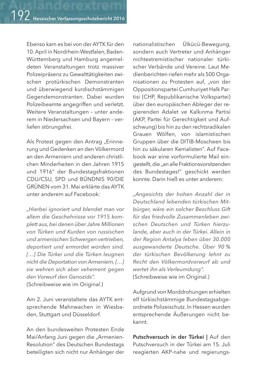 Seite 192 des Verfassungsschutzbericht 2016 Hessen