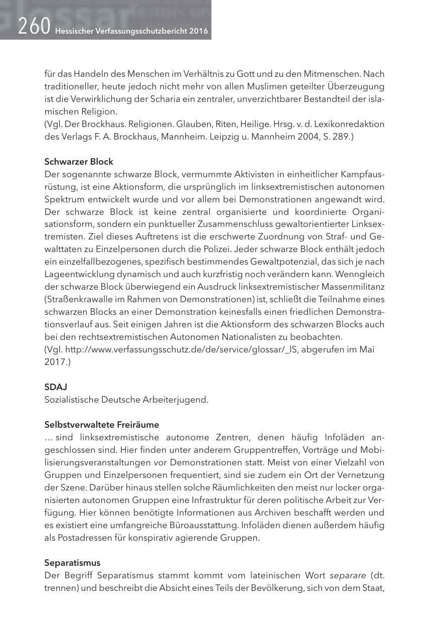 Seite 260 des Verfassungsschutzbericht 2016 Hessen