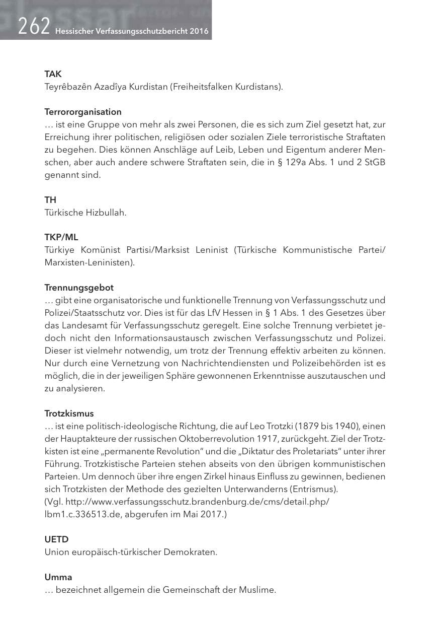 Seite 262 des Verfassungsschutzbericht 2016 Hessen