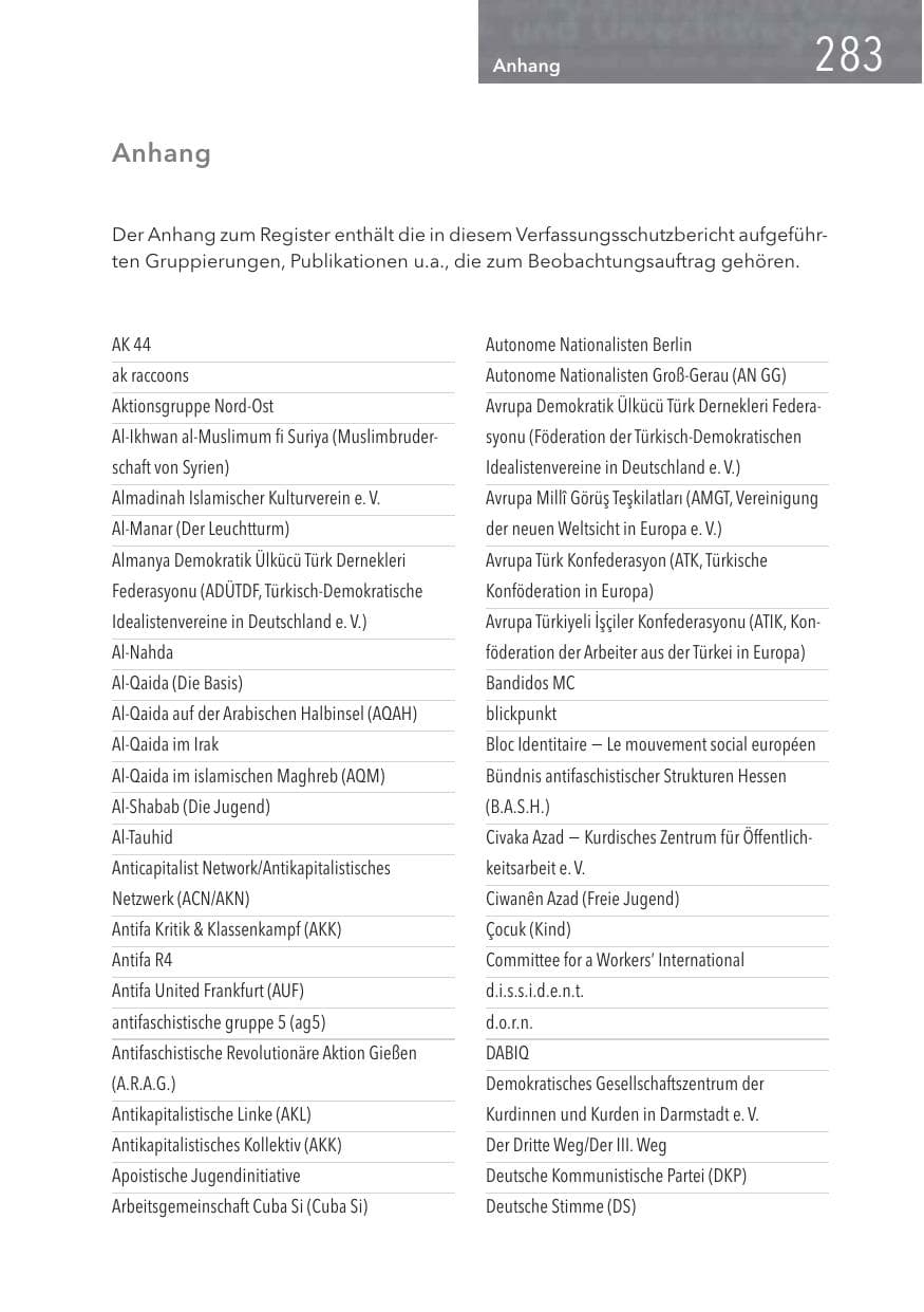 Seite 283 des Verfassungsschutzbericht 2016 Hessen