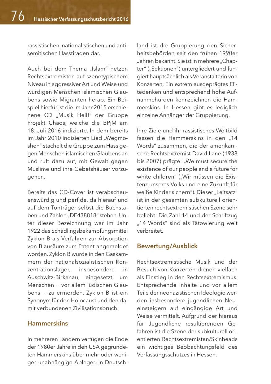 Seite 76 des Verfassungsschutzbericht 2016 Hessen
