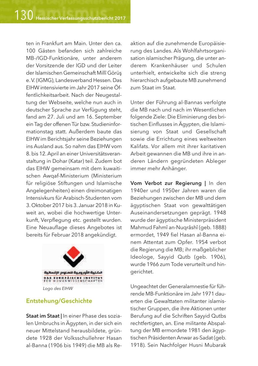 Seite 130 des Verfassungsschutzbericht 2017 Hessen
