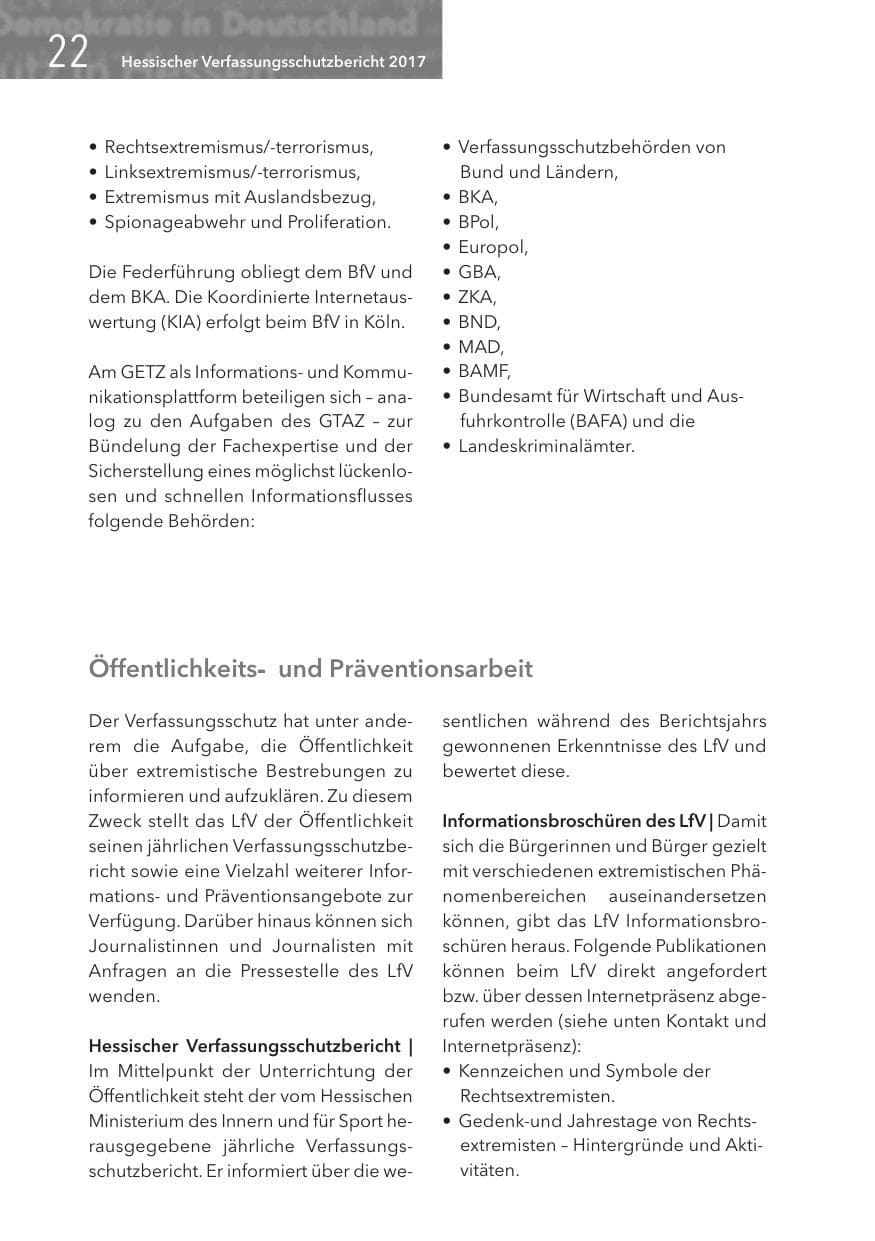 Seite 22 des Verfassungsschutzbericht 2017 Hessen
