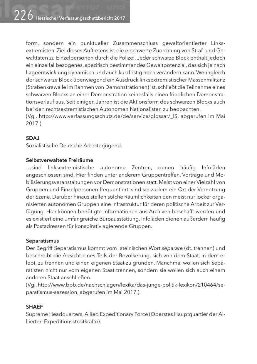 Seite 226 des Verfassungsschutzbericht 2017 Hessen
