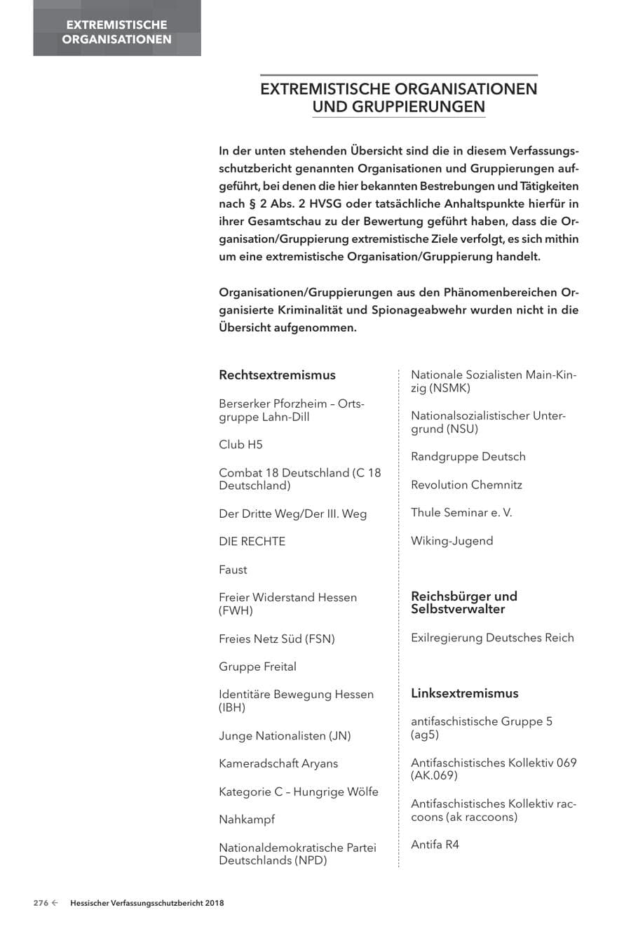 Seite 278 des Verfassungsschutzbericht 2018 Hessen
