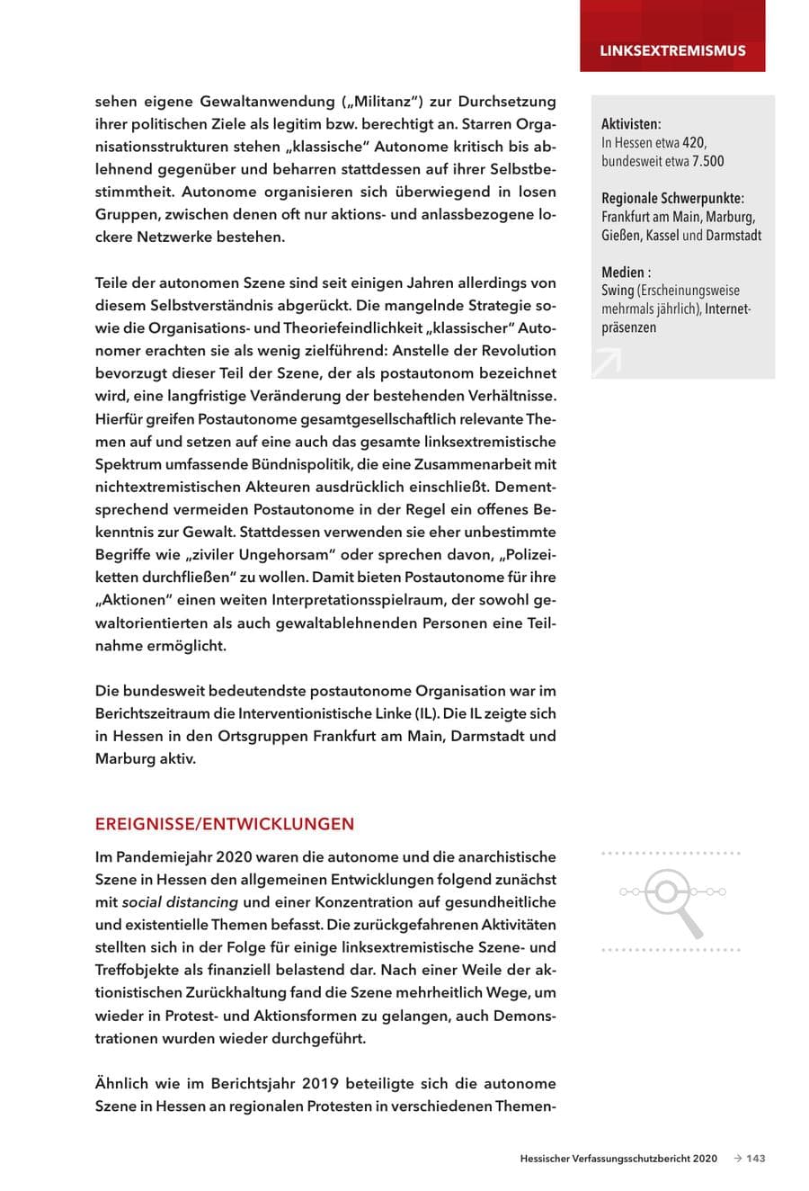 Seite 145 des Verfassungsschutzbericht 2020 Hessen