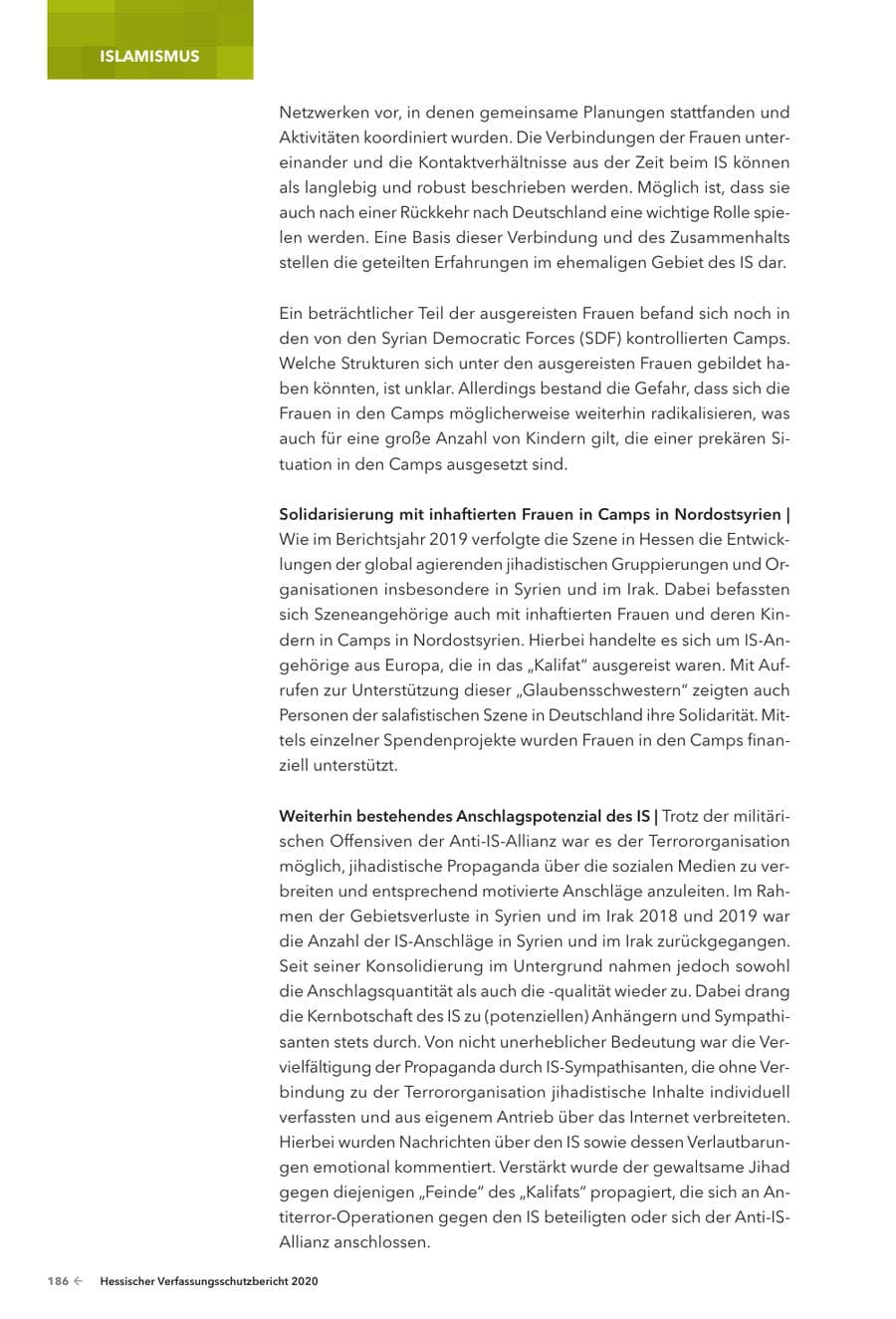 Seite 188 des Verfassungsschutzbericht 2020 Hessen