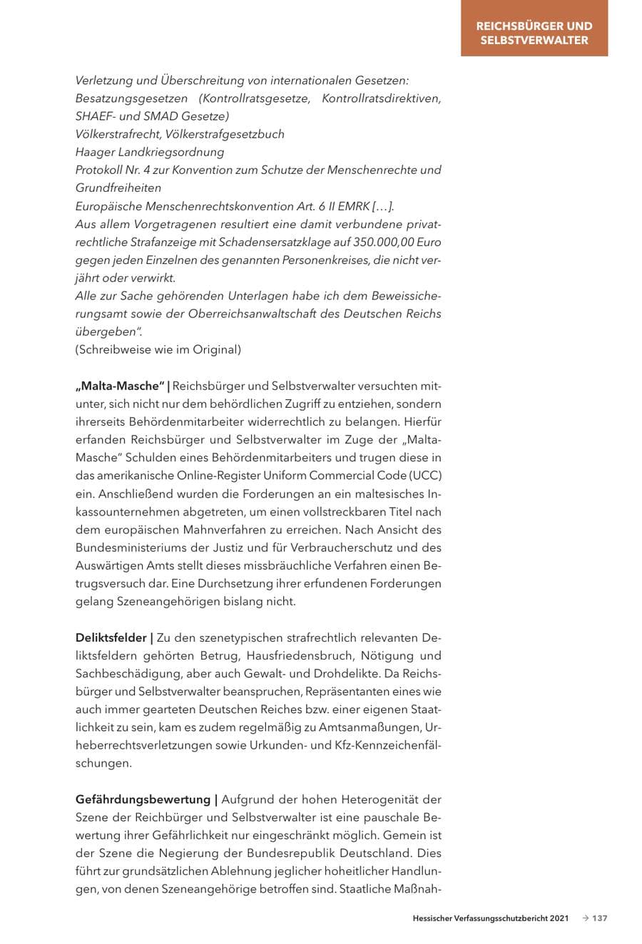 Seite 139 des Verfassungsschutzbericht 2021 Hessen