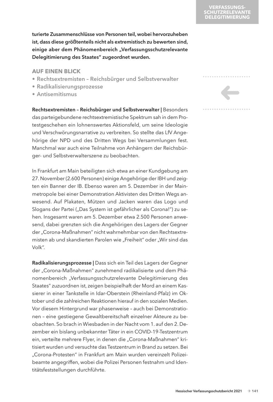 Seite 143 des Verfassungsschutzbericht 2021 Hessen