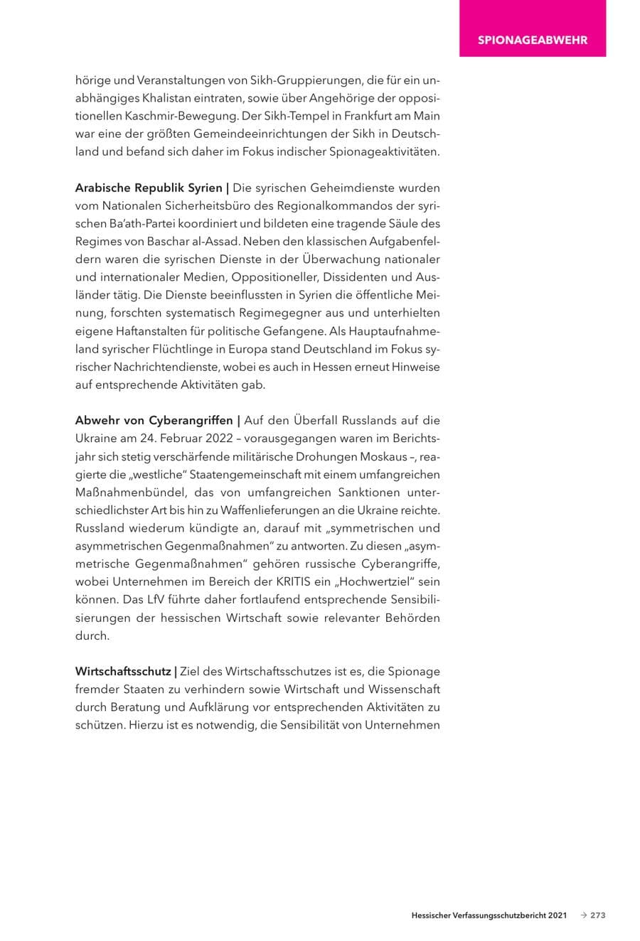 Seite 275 des Verfassungsschutzbericht 2021 Hessen