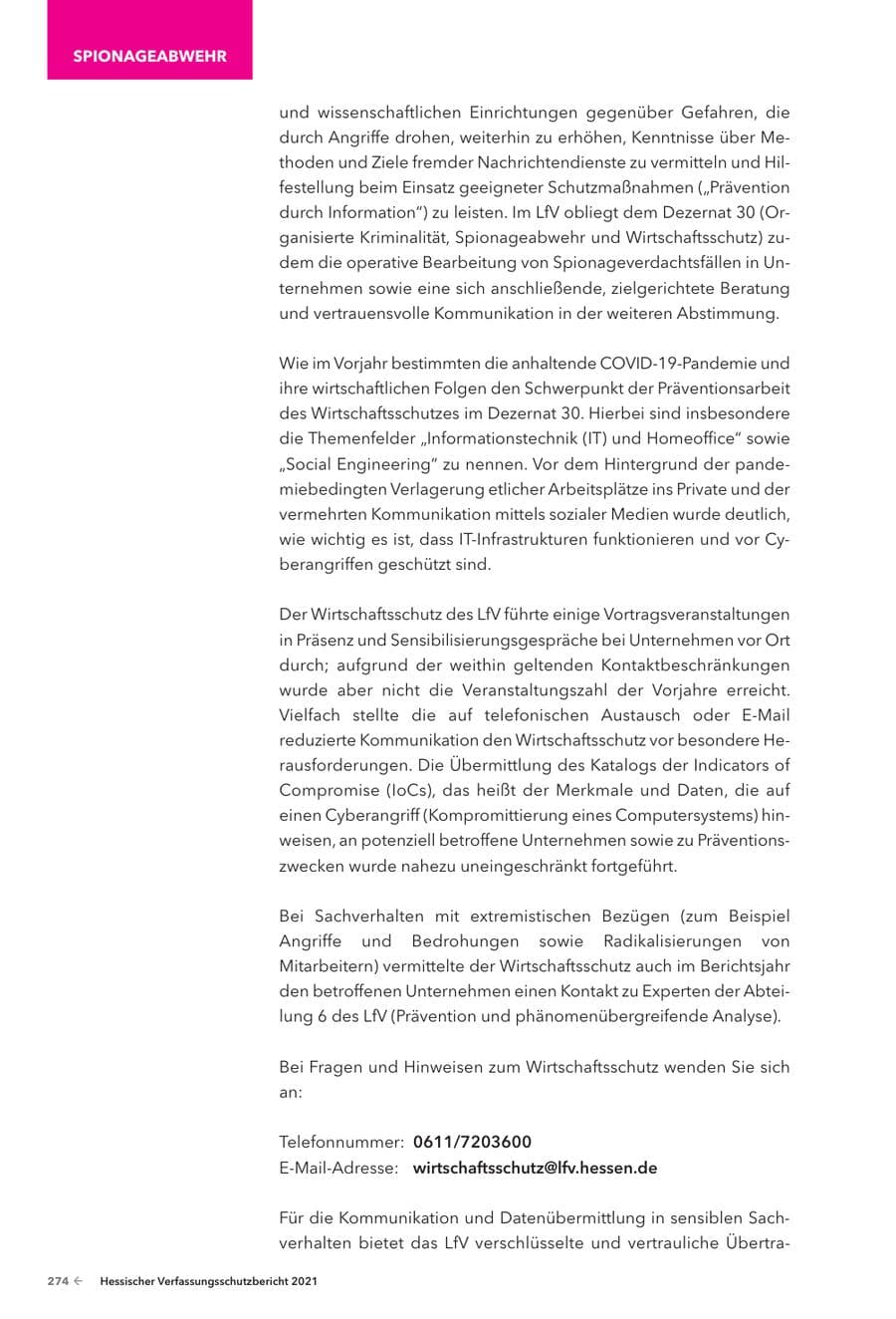 Seite 276 des Verfassungsschutzbericht 2021 Hessen
