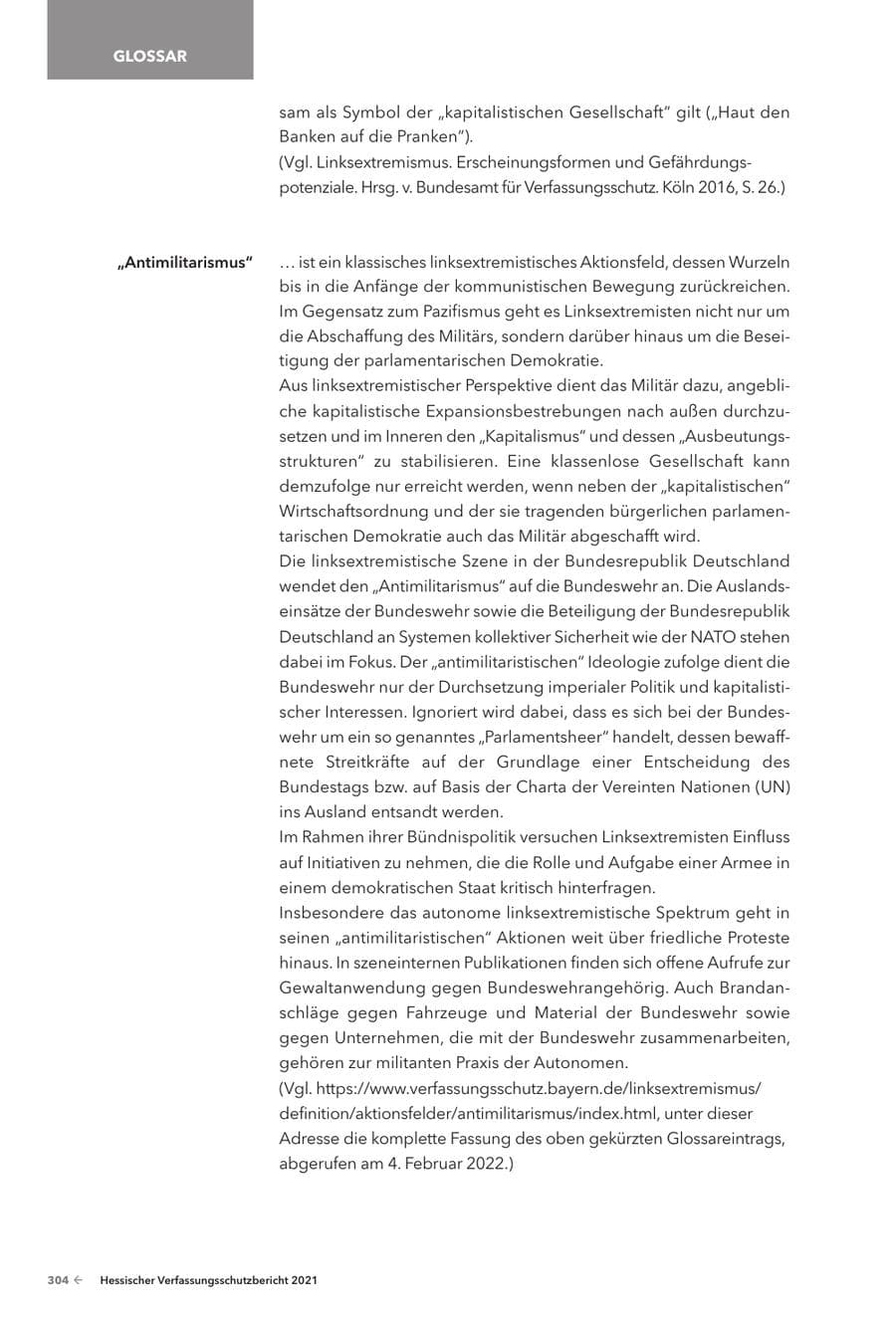 Seite 306 des Verfassungsschutzbericht 2021 Hessen