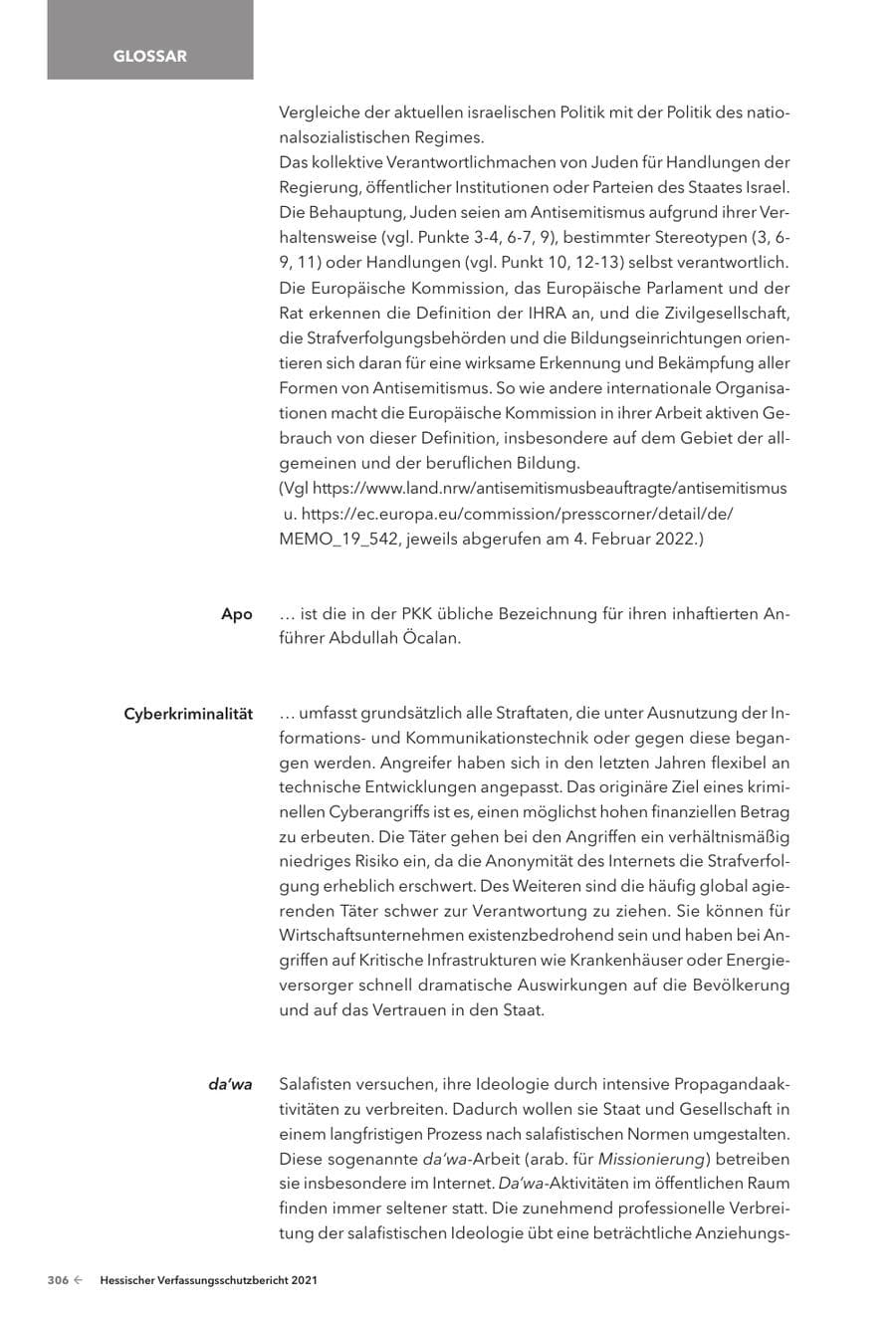 Seite 308 des Verfassungsschutzbericht 2021 Hessen