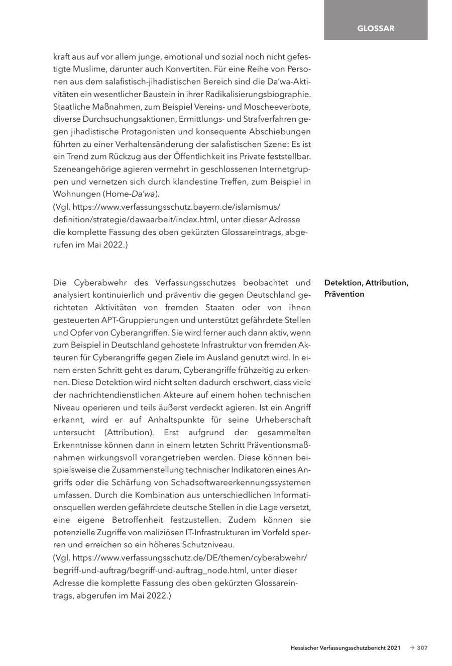 Seite 309 des Verfassungsschutzbericht 2021 Hessen