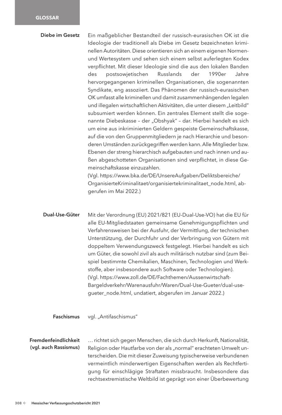 Seite 310 des Verfassungsschutzbericht 2021 Hessen