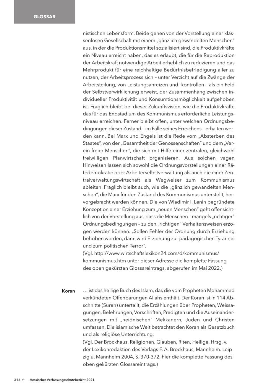 Seite 318 des Verfassungsschutzbericht 2021 Hessen